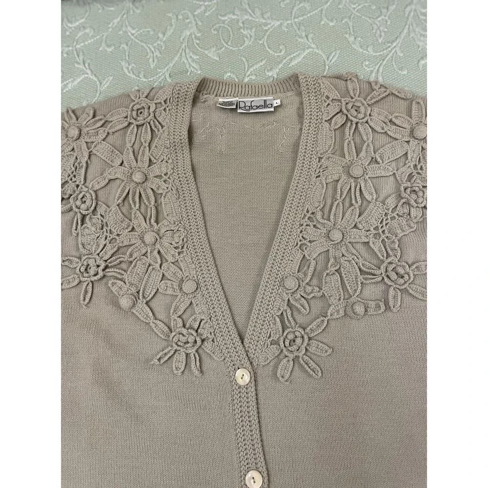 Vintage Rafaella Cardigan‎ Sweater Womens Large Beige Wool Crochet Floral 80s